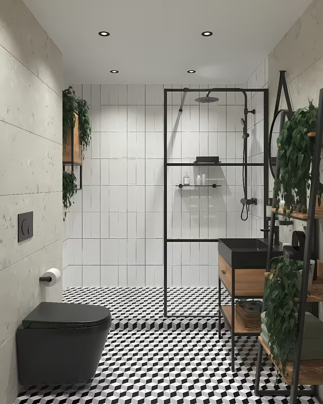 Stojący regał Naturel Blackframe z czarną metalową ramą i płytą MDF w dekorze klonu.