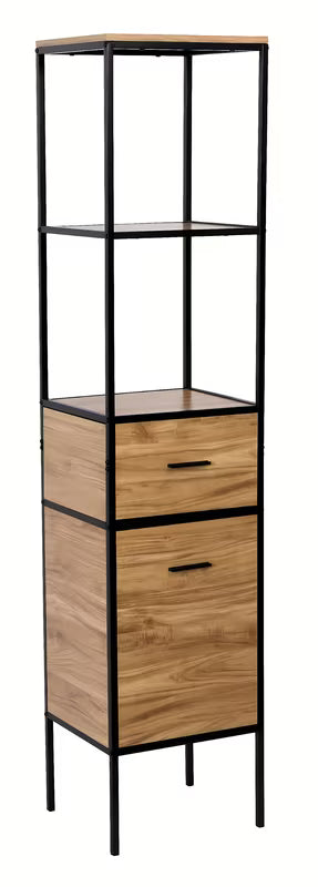 Stojący regał Naturel Blackframe z czarną metalową ramą i płytą MDF w dekorze klonu.