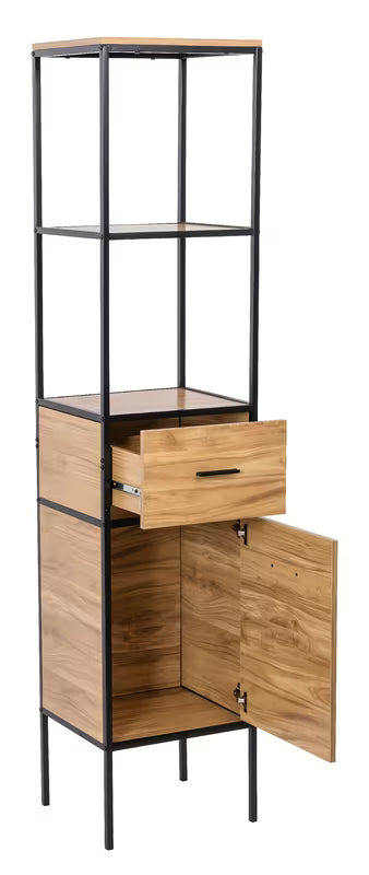 Stojący regał Naturel Blackframe z czarną metalową ramą i płytą MDF w dekorze klonu.
