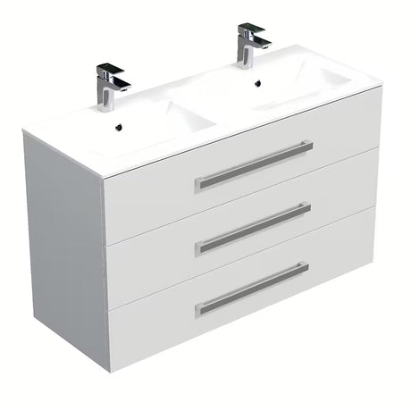 Wisząca szafka łazienkowa z umywalką ceramiczną SAT Cube Way w białym połysku z trzema szufladami