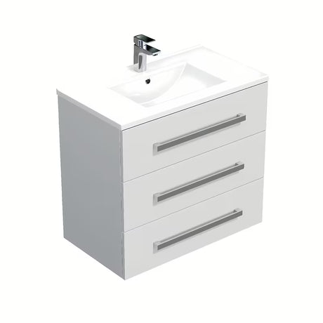 Wisząca szafka łazienkowa SAT Cube Way z umywalką ceramiczną w białym połysku i trzema szufladami
