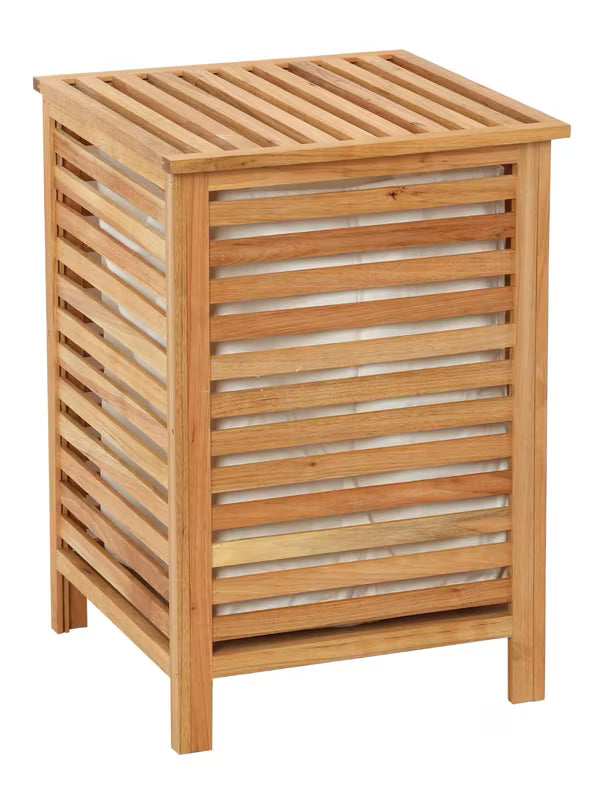 Stojący kosz na pranie Naturel Home w dekorze orzecha, z matową powierzchnią i wyjmowaną wkładką tekstylną.