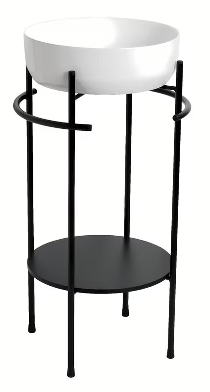 Czarna metalowa konstrukcja Naturel Round pod umywalkę z dolną półką i bocznymi uchwytami, w komplecie z białą okrągłą umywalki.
