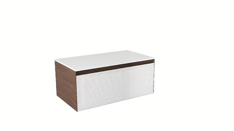 Wisząca szafka łazienkowa Naturel Monza w dekorze orzecha z białym ryflowanym frontem i blatem SolidSurface.