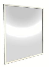 Łazienkowe lustro z białą aluminiową ramą, odpowiednie do montażu pionowego i poziomego, 80 x 80 cm.