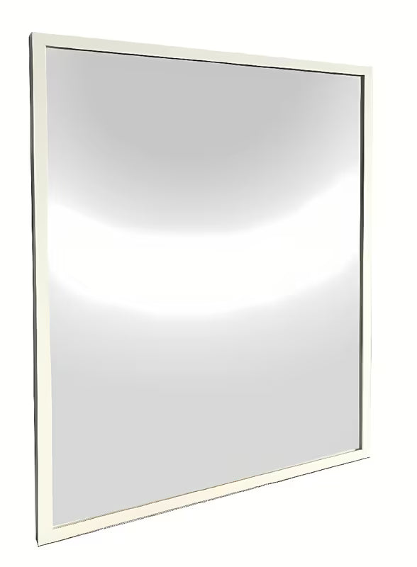 Łazienkowe lustro z białą aluminiową ramą, odpowiednie do montażu pionowego i poziomego, 80 x 80 cm.