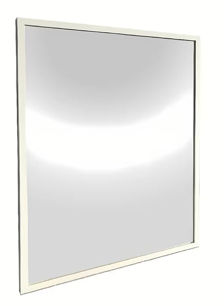 Łazienkowe lustro z białą aluminiową ramą, odpowiednie do montażu pionowego i poziomego, 80 x 80 cm.