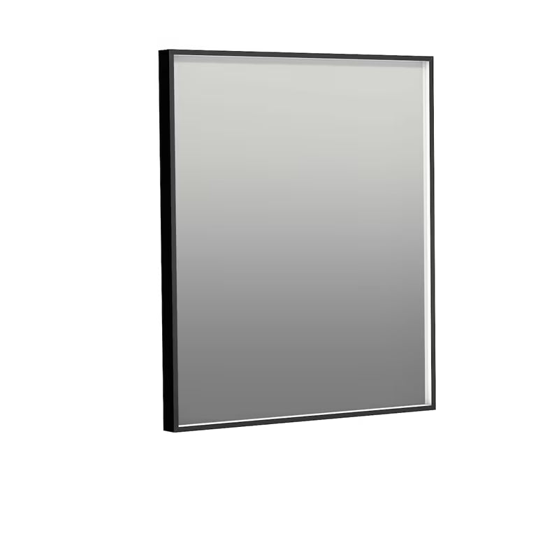 Prostokątne LUSTRO led Naturel Oxo 60x70 cm z czarną aluminiową ramą i chłodnym białym światłem.