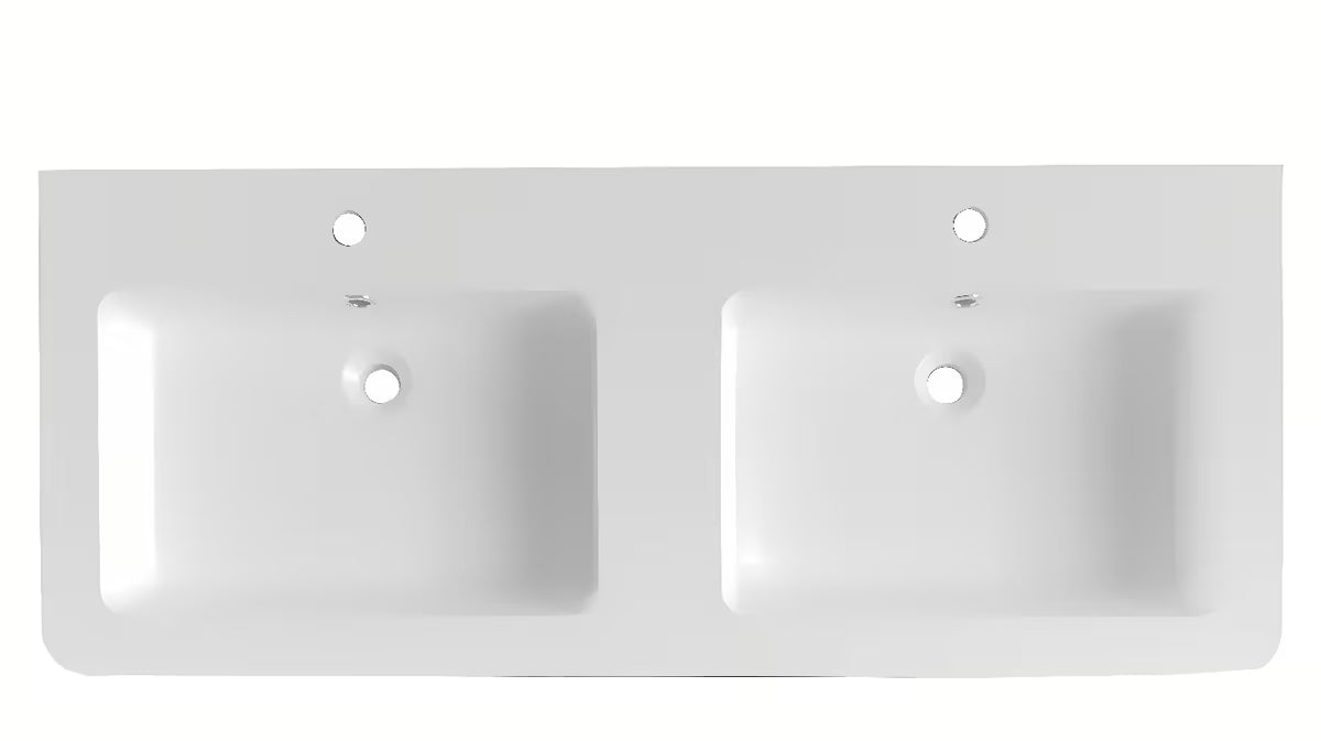 Biała meblowe umywalka podwójna Naturel Pavia 120x49 cm z lanego marmuru z dwoma otworami na pro baterię