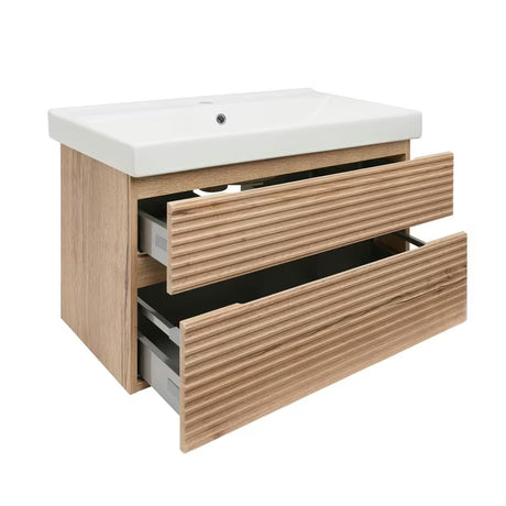 Wisząca szafka łazienkowa z ceramiczną umywalką Naturel Savona w dekorze dębu halifax mat