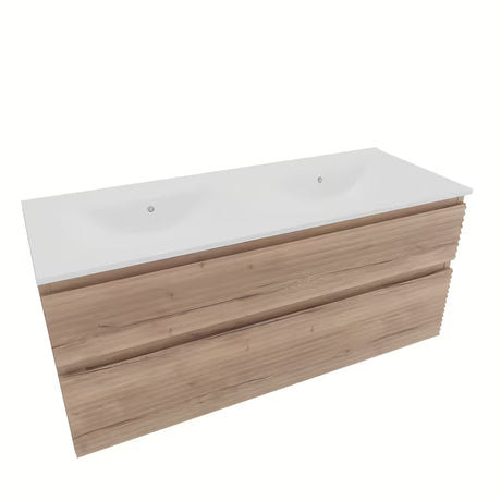 Wisząca szafka łazienkowa Naturel Savona z ceramiczną umywalką podwójną w dekorze dąb Halifax.