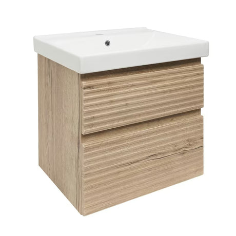 Wisząca szafka łazienkowa Naturel Savona z ceramiczną umywalką w dekorze dąb halifax mat