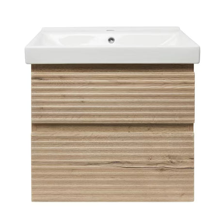 Wisząca szafka łazienkowa Naturel Savona z ceramiczną umywalką w dekorze dąb halifax mat
