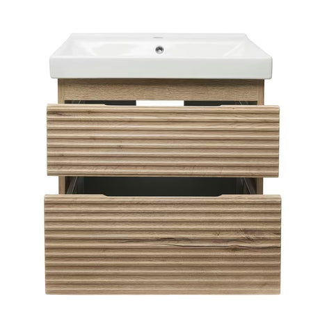 Wisząca szafka łazienkowa Naturel Savona z ceramiczną umywalką w dekorze dąb halifax mat