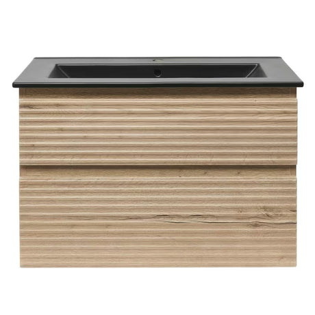Wisząca szafka łazienkowa Naturel Savona z umywalką ceramiczną w dekorze dąb halifax i dwiema szufladami.
