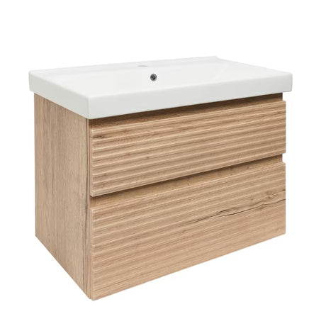 Wisząca szafka łazienkowa Naturel Savona z ceramiczną umywalką w dekorze dąb halifax mat