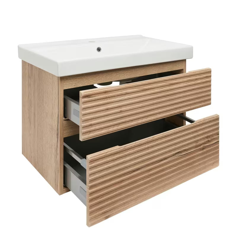 Wisząca szafka łazienkowa Naturel Savona z ceramiczną umywalką w dekorze dąb halifax mat