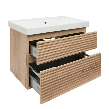 Wisząca szafka łazienkowa Naturel Savona z ceramiczną umywalką w dekorze dąb halifax mat