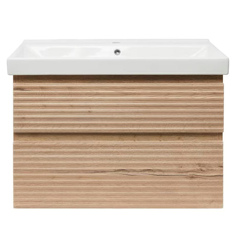 Wisząca szafka łazienkowa Naturel Savona z ceramiczną umywalką w dekorze dąb halifax mat