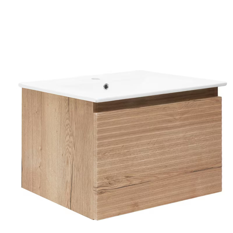 Wisząca szafka łazienkowa z ceramiczną umywalką Naturel Savona w dekorze dębu halifax mat