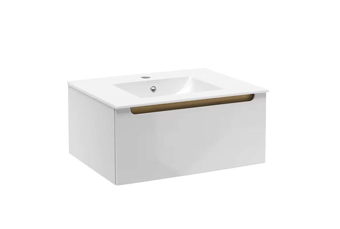 Biała wisząca szafka łazienkowa Naturel Stilla z umywalką ceramiczną Modena M6046 i jedną szufladą
