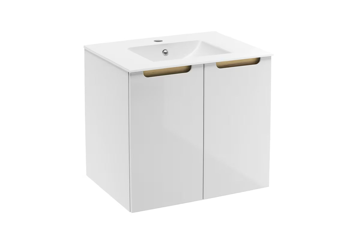 Biała wisząca szafka łazienkowa Naturel Stilla z umywalką ceramiczną Modena M6046