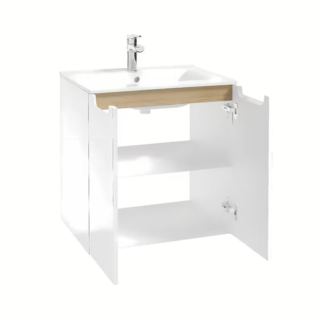 Biała wisząca szafka łazienkowa Naturel Stilla z umywalką ceramiczną Modena M6046