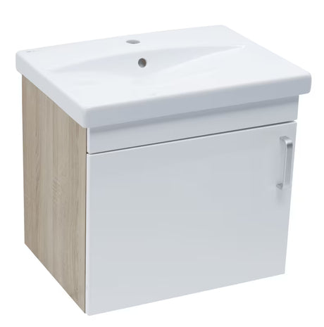 Biała wisząca szafka łazienkowa Naturel Vario Dekor z umywalką ceramiczną w połysku.