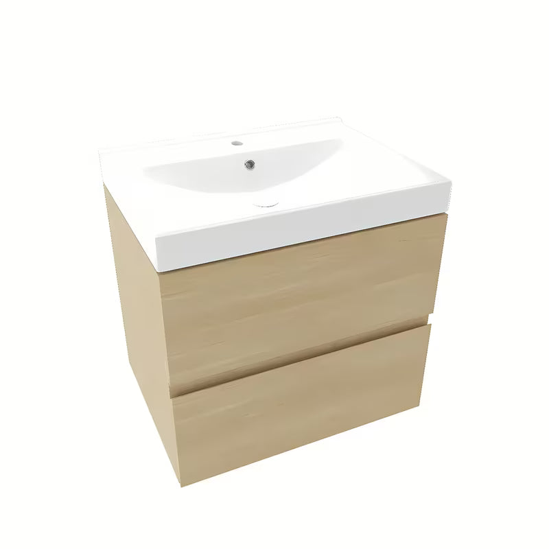 Wisząca szafka łazienkowa Naturel Verona w dekorze jasnego drewna z umywalką ceramiczną