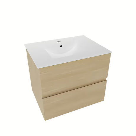 Wisząca szafka łazienkowa Naturel Verona z szufladami i umywalką ceramiczną w dekorze jasnego drewna