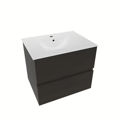 Wisząca szafka łazienkowa Naturel Verona z umywalką ceramiczną w dekorze ciemnego drewna.