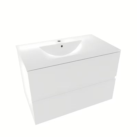 Biała wisząca szafka łazienkowa Naturel Verona z umywalką ceramiczną i szufladami bezuchwytowymi.