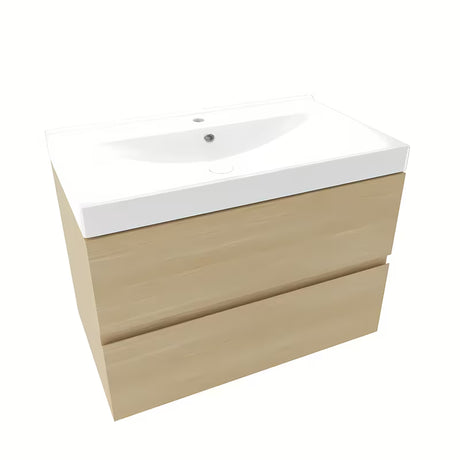 Wisząca szafka łazienkowa Naturel Verona z szufladami i umywalką ceramiczną w dekorze jasnego drewna
