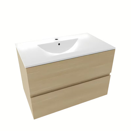 Wisząca szafka łazienkowa Naturel Verona z szufladami i umywalką ceramiczną w dekorze jasnego drewna.