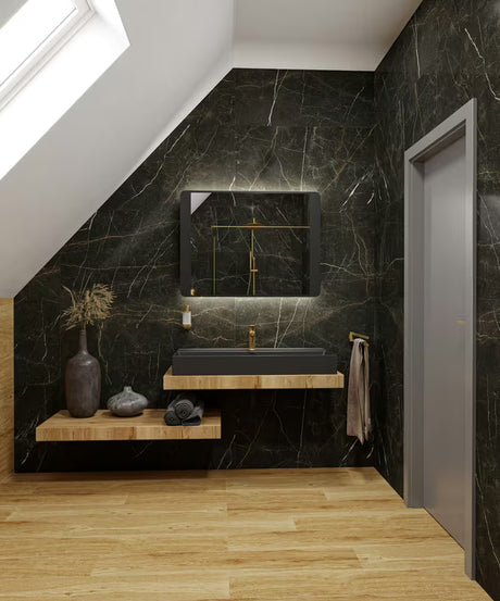Czarne łazienkowe LUSTRO led Naturel 80x60 cm z pośrednim podświetleniem w matowej aluminiowej ramie