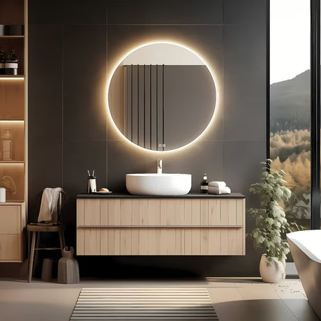 Okrągłe łazienkowe lustro LED Nimco z podświetleniem obwodowym, średnica 80 cm.