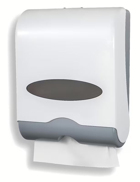 Biały zamykany ścienny pojemnik ręczników papierowych Novaservis z tworzywa sztucznego.