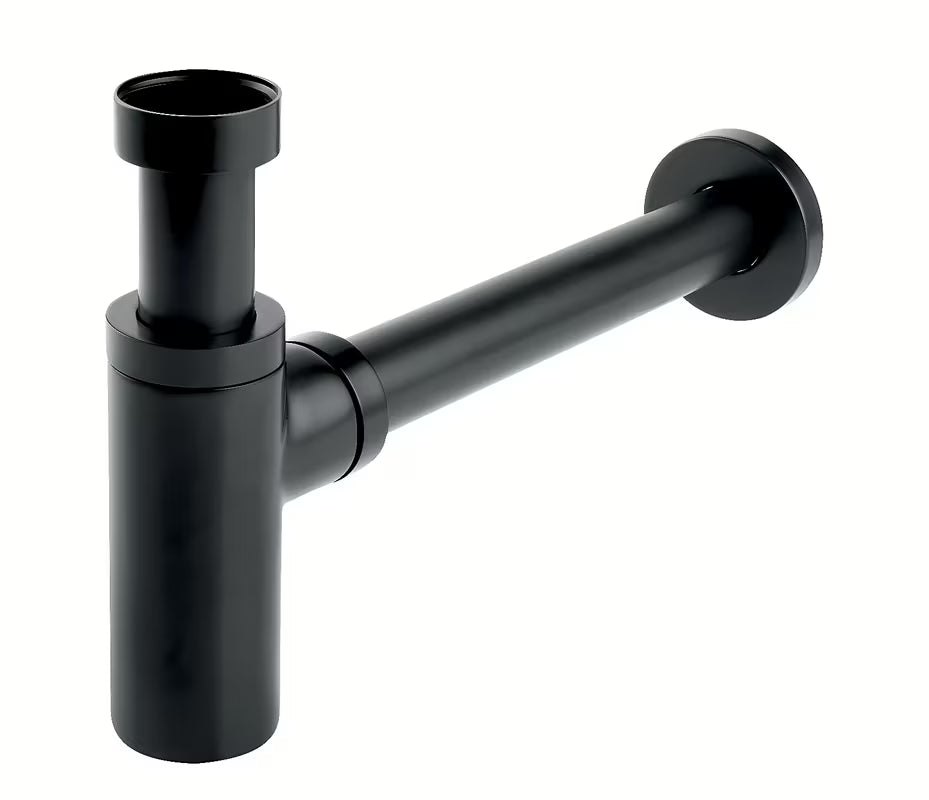 Całometalowe syfon umywalkowy Novaservis w matowej czerni z odpływem 32 mm.
