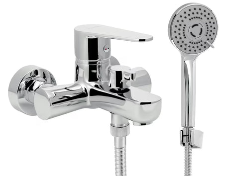 Chromowana ścienna bateria wannowa Novaservis Titania Fresh Eco z zestawem prysznicowym