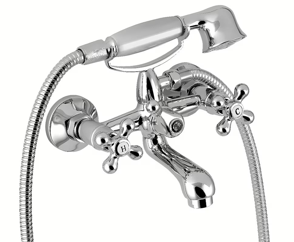 Novaservis Titania Retro II bateria z kurkami ścienna bateria wannowa z zestawem prysznicowym w chromie