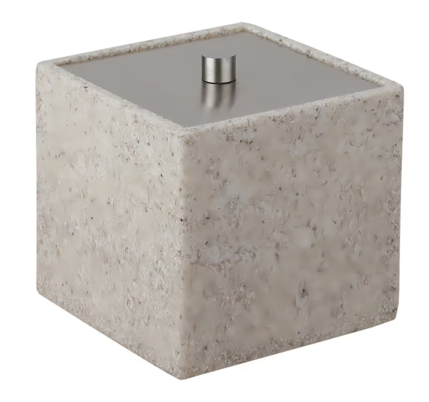 Elegancki, wielofunkcyjny pojemnik z pokrywką Optima Supera w wykończeniu light-limestone do łazienki.