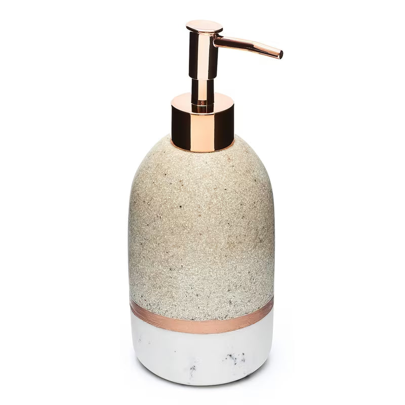 Wolnostojący  dozownik mydła w płynie Optima Tera w dekorze light-limestone z pompką rose gold.