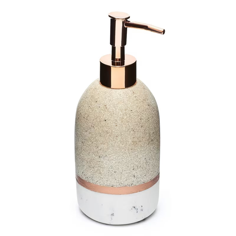 Wolnostojący  dozownik mydła w płynie Optima Tera w dekorze light-limestone z pompką rose gold.