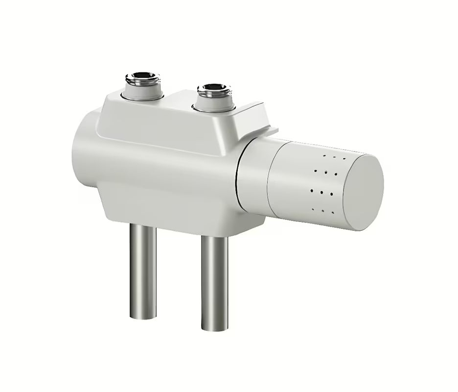 Biały uniwersalny zawór termostatyczny pro grzejnik łazienkowy z podłączeniem środkowym i rozstawem 50 mm.