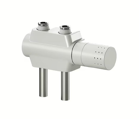 Biały uniwersalny zawór termostatyczny pro grzejnik łazienkowy z podłączeniem środkowym i rozstawem 50 mm.