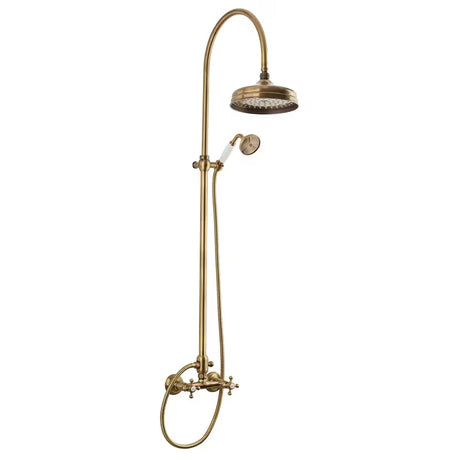 Paffoni Ricordi brązowy system prysznicowy w designie retro z deszczownicą, słuchawką prysznicową i baterią ścienną.