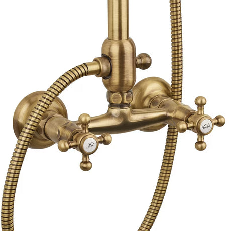 Paffoni Ricordi brązowy system prysznicowy w designie retro z deszczownicą, słuchawką prysznicową i baterią ścienną.