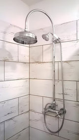 Chromowy system prysznicowy Paffoni Ricordi w designie retro z deszczownicą 21,5 cm i słuchawką prysznicową