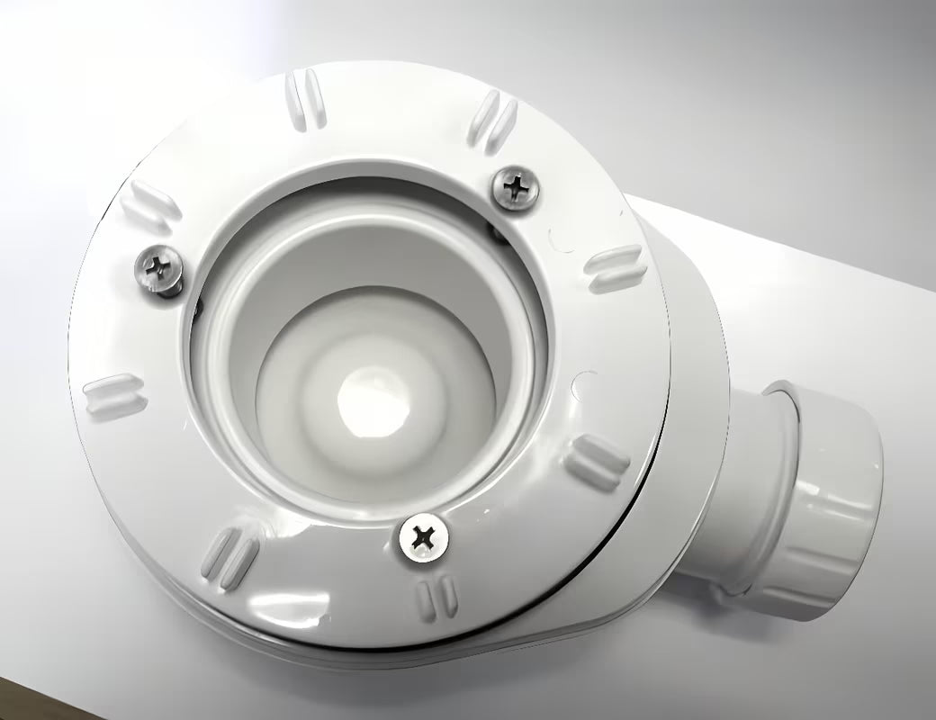 Biały niski syfon do brodzika Polysan z czyszczeniem od góry, pro otwór 90 mm i odpływ DN40