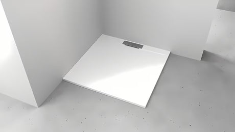 Biały kwadratowy brodzik prysznicowy Polysan Kazuko 90x90 cm z lanego marmuru o niskiej wysokości 3 cm.